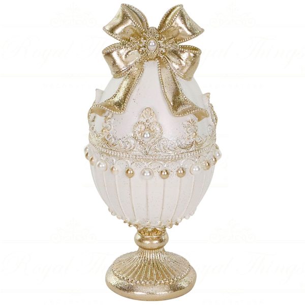 Lex 10006 Goodwill Christmas Decorative Items Pearl Egg With Bow On Stand Tabletop Cream Gold